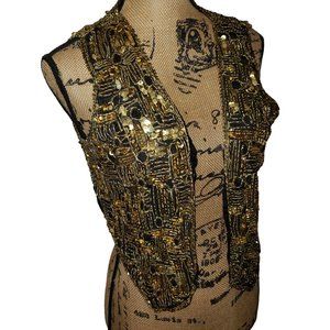 Vtg 90s MEDIUM Beads Sequins 100% Silk Gold Vest Mobwife Y2K Retroglam Clubwear
